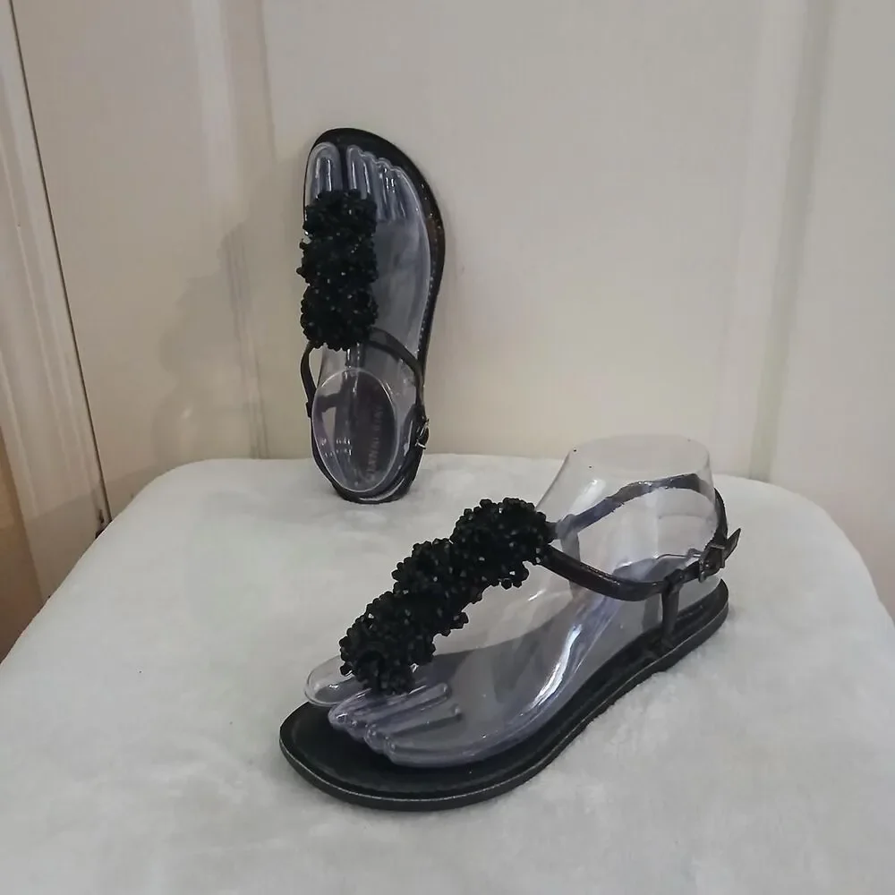 Y2K Vintage Mcbling Gianni Bini Black Beaded Cluster Flat Thong Sandals Festival